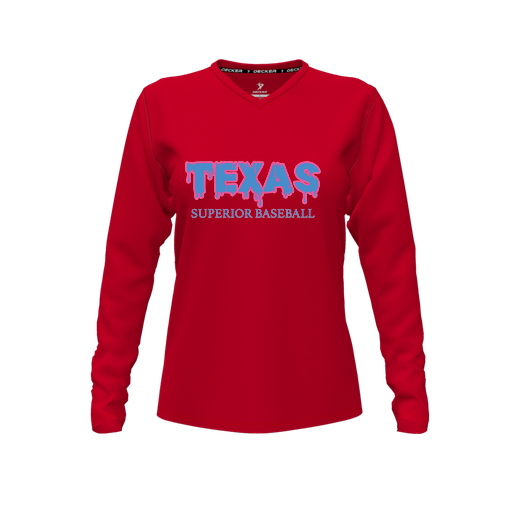 [FTLVCFRD-FYXS-LOGO3] Decker Comfort T-Shirt (Female Youth XS, Red, V Neck, Logo 3, Long Sleeve)