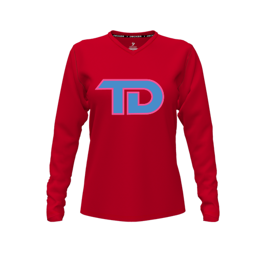 [FTLVPTRD-FYXS-LOGO1] Decker Performance T-Shirt (Female Youth XS, Red, V Neck, Logo 1, Long Sleeve)